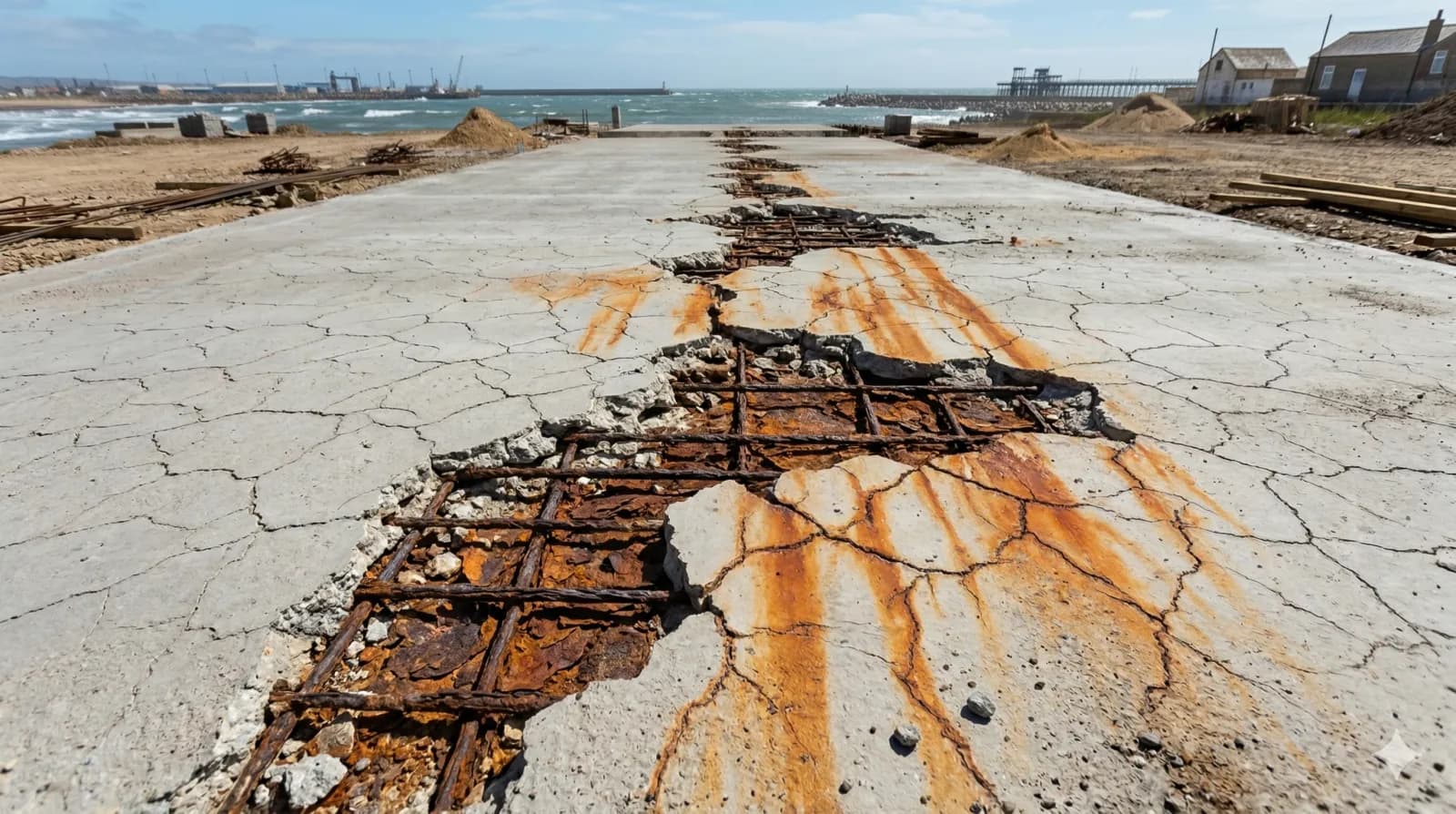 Concrete spalling on a marine structure exposing corroded rebar underneath