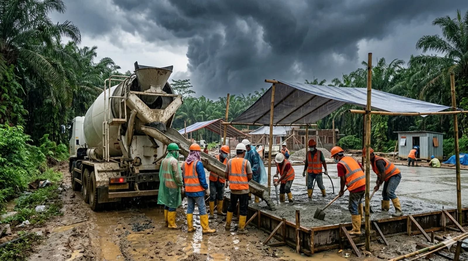 Workers pouring concrete during monsoon season on a tropical Indonesian site