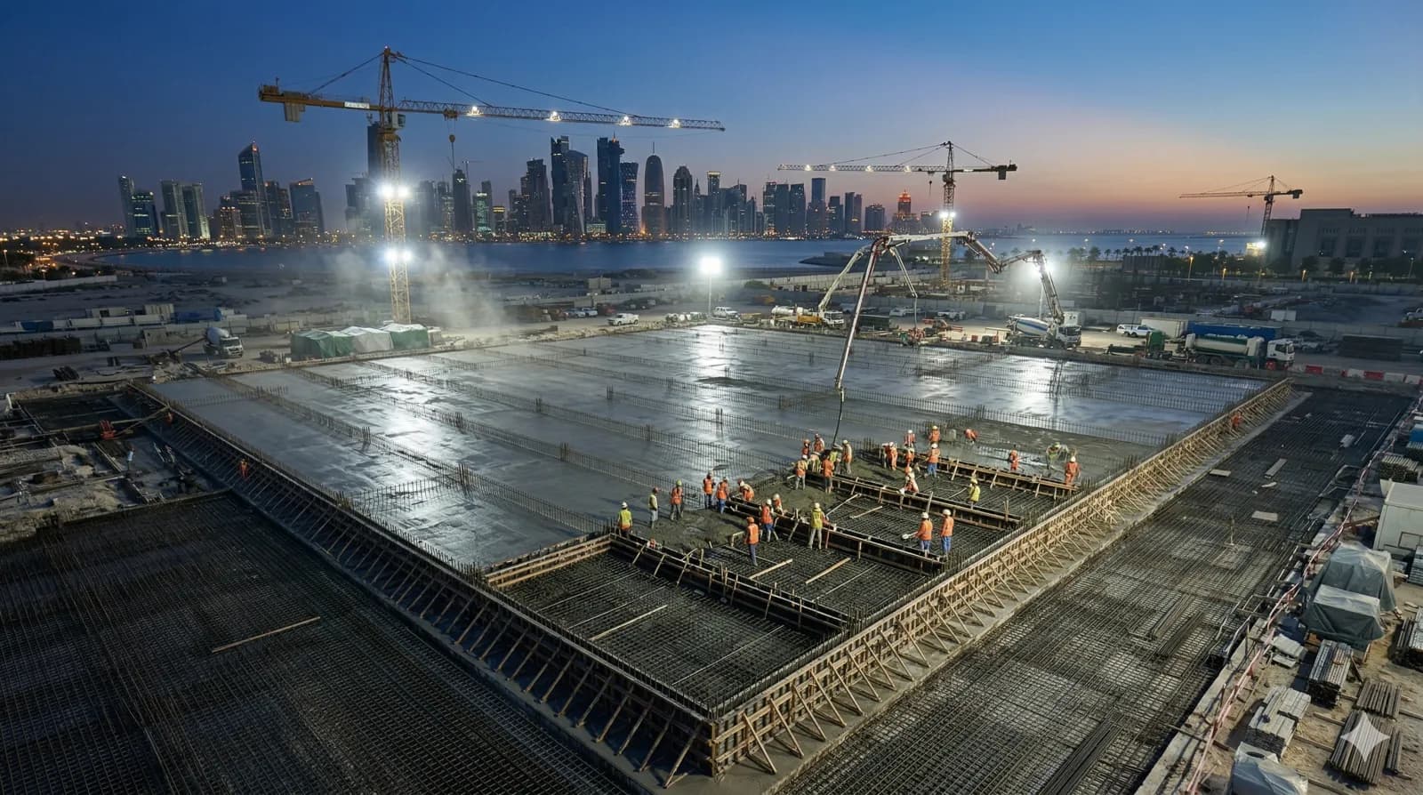 Aerial view of a massive concrete pour at pre-dawn on a Gulf construction site