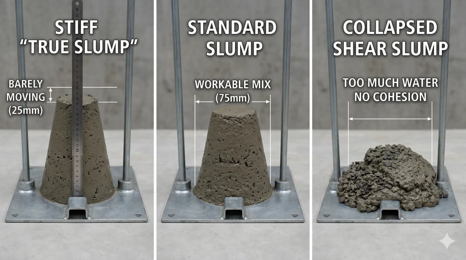 Three concrete slump test results: stiff true slump, standard slump, and collapsed shear slump