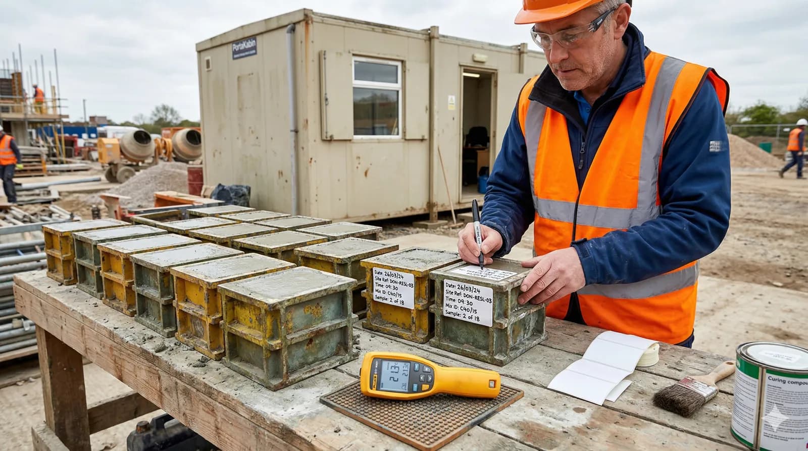 Site engineer labelling concrete test cubes in steel moulds